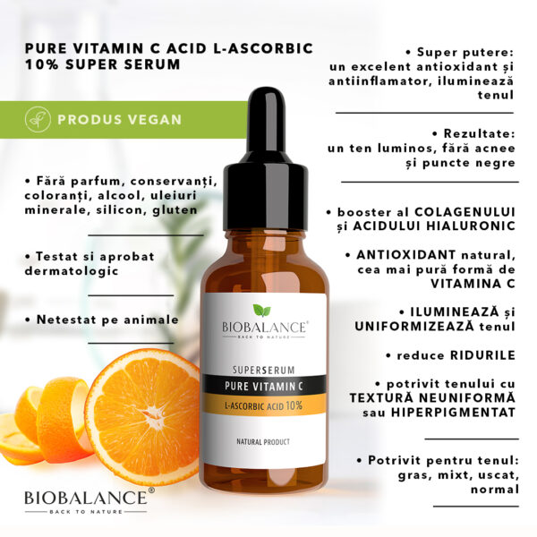 Pure Vitamin C, Acid L-Ascorbic 10% Super Serum, Bio Balance, 30 ml