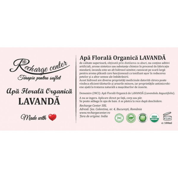 Apa florala organica LAVANDA, Recharge, 100ml