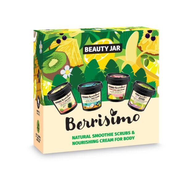 Set cadou pentru corp, scrub si crema cu fructe tropicale, Berrisimo, Biocart, Beauty Jar, 725 g