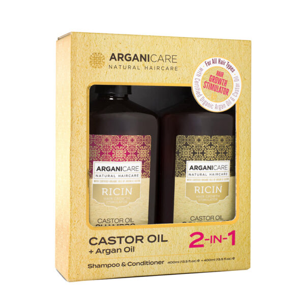 Set Sampon & Balsam pentru Stimularea Cresterii Parului, cu Ulei de Ricin si Argan, Arganicare, 400 ml x2