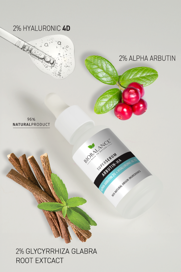 Super Serum Arbutin-HA cu Alpha-Arbutina 2% + Acid Hialuronic 4D 2%, Impotriva Petelor Pigmentare, Bio Balance, 30 ml