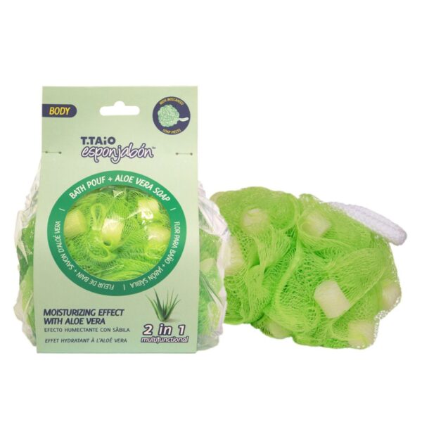 2 in 1 Burete de dus cu plasa exfolianta si sapun incorporat, cu Aloe Vera, efect hidratant, Esponjabon, 1 buc