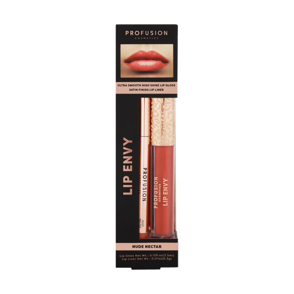 Set Lip Envy Nude Nectar, luciu de buze ultra neted si lucios & creion pentru buze cu finish satinat, Profusion Cosmetics, 3,5 ml + 0,3 g