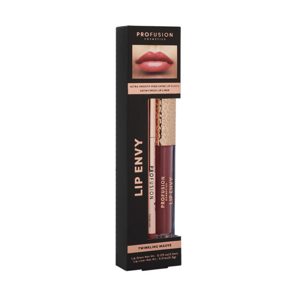 Set Lip Envy Twinkling Mauve, luciu de buze ultra neted si lucios & creion pentru buze cu finish satinat, Profusion Cosmetics, 3,5 ml + 0,3 g