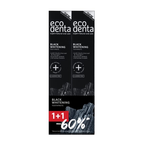 Pasta de dinti pentru albire Extra Black cu carbune si Teavigo, Ecodenta, 75 ml, Pachet 1+1-60%