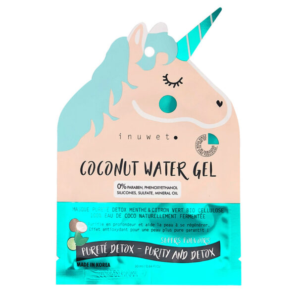 Masca de fata detoxifianta din bioceluloza Coconut Water Gel, Unicorn, Inuwet, 30 ml